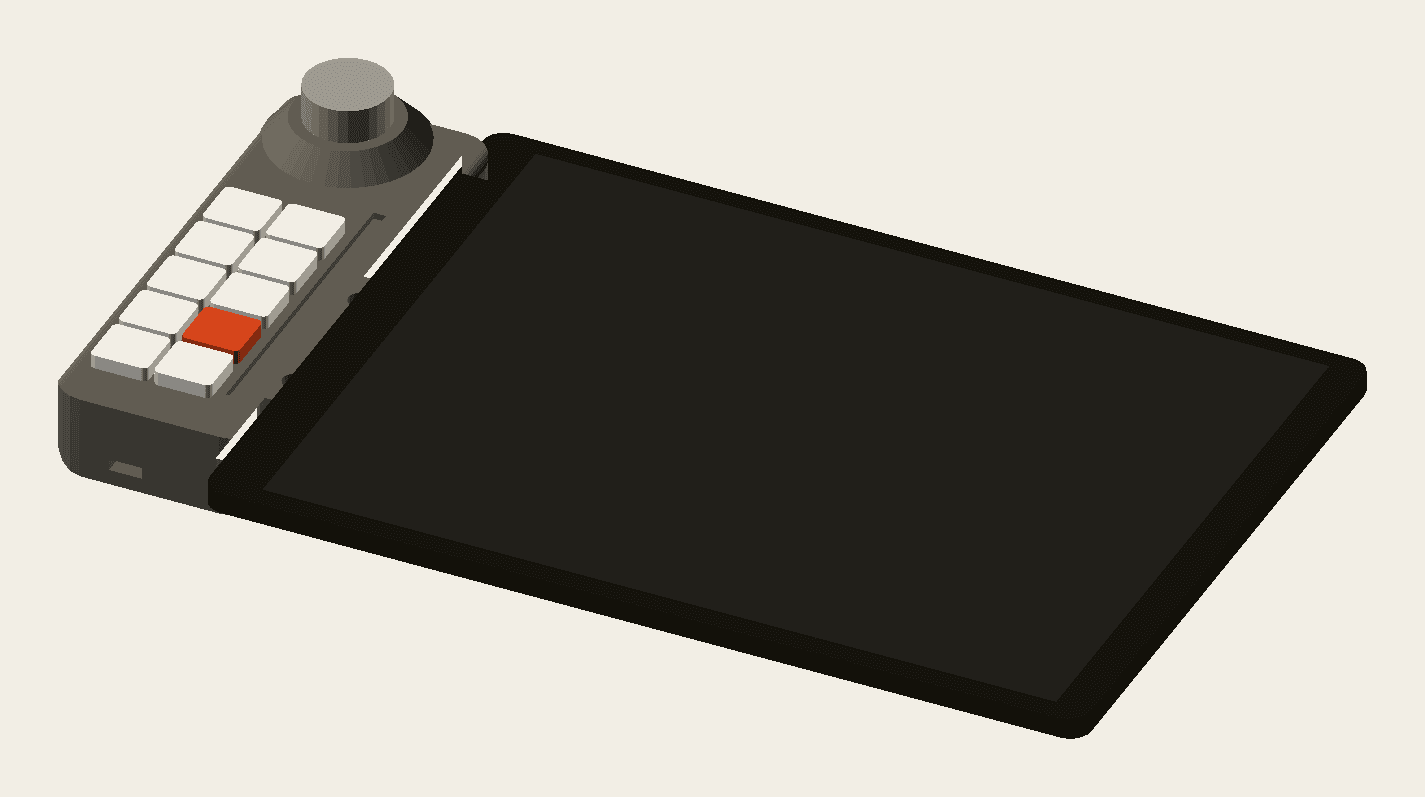 Grip assembly: key field, encoder, and the tablet held in the jaw. Rendered straight from the parametric CAD source.